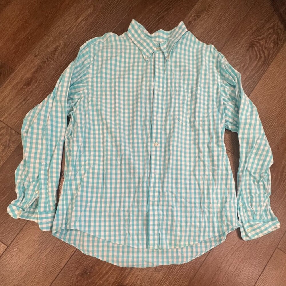 Men's Lands End Casual Button Down Shirt, Blue Gingham, Size XL
